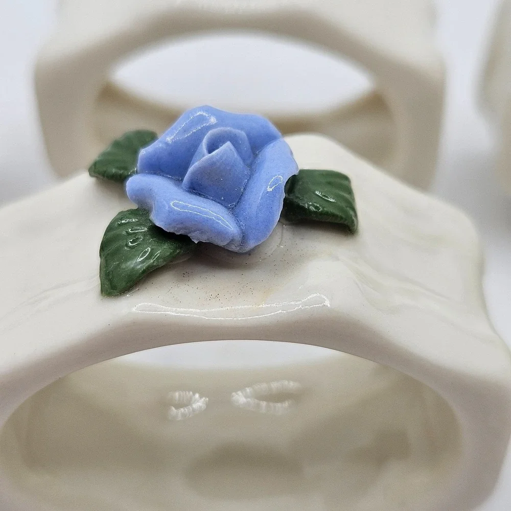 Vintage Porcelain Napkin Rings Set of 6 Blue Rose Floral Grannycore Cottagecore